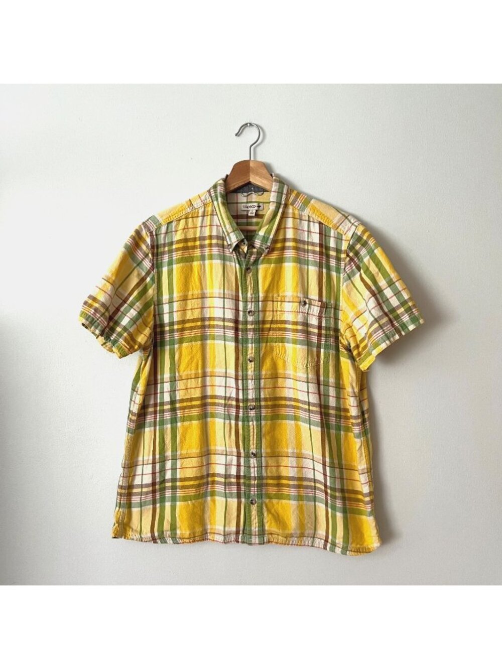 Toad & Co Men's Eddy Short Sleeve Cotton Plaid Button Up Shirt Yellow Size Large